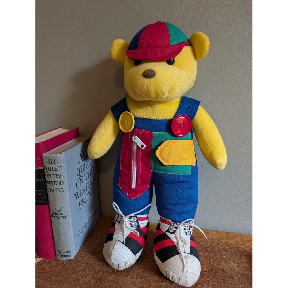 Vintage Baby Gund Yellow Sensory Plush Bear Learning Toy Overalls 16 Inch